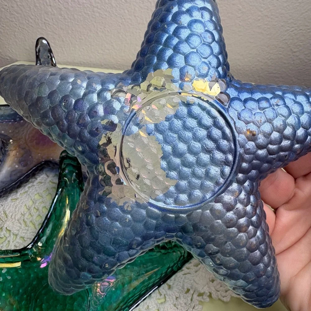 Vintage Set of 3 Blue Starfish Trinket Dish Mermaidcore Iridescent Glass